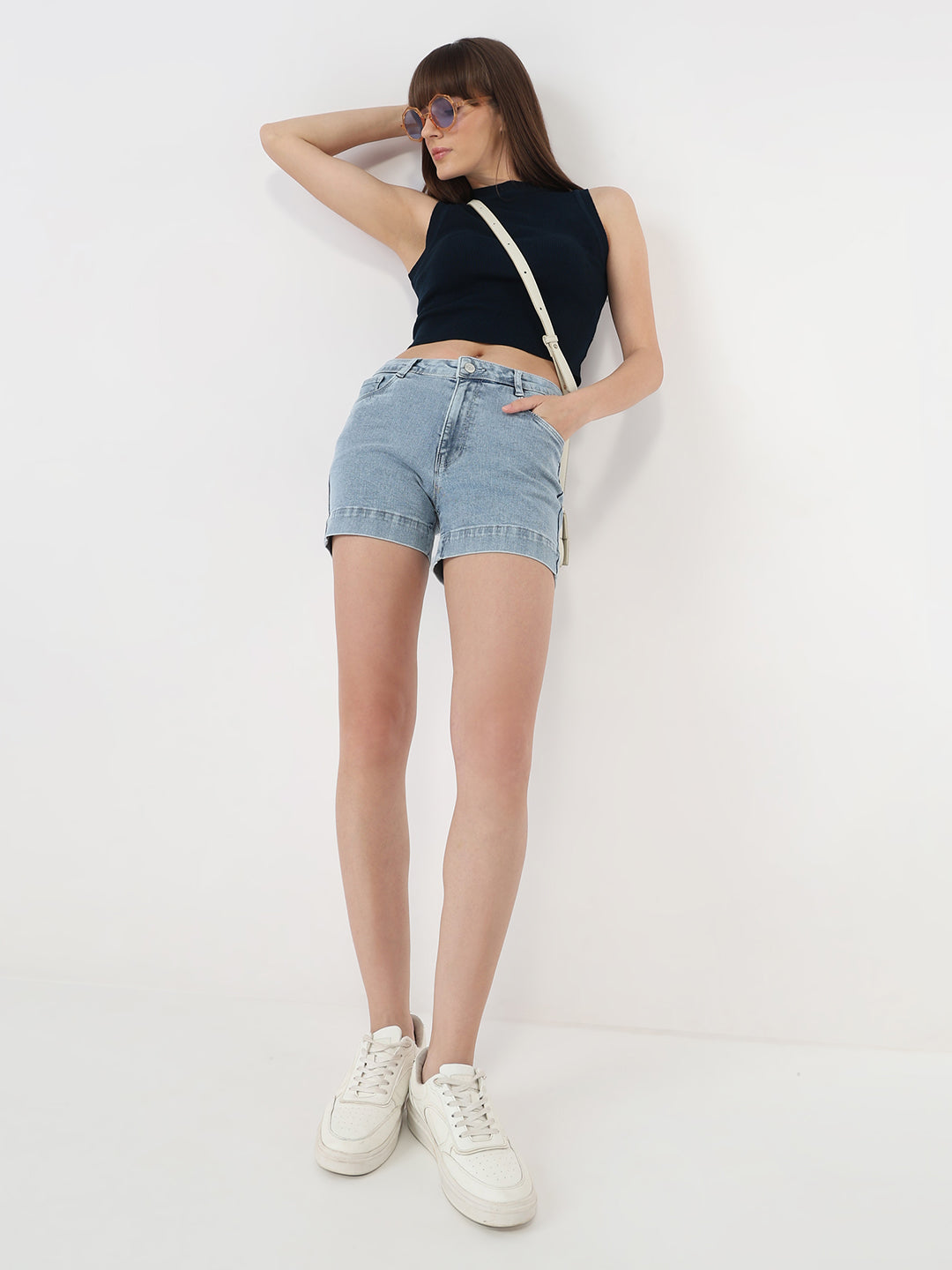 Women Light Blue High-Rise Slim Shorts