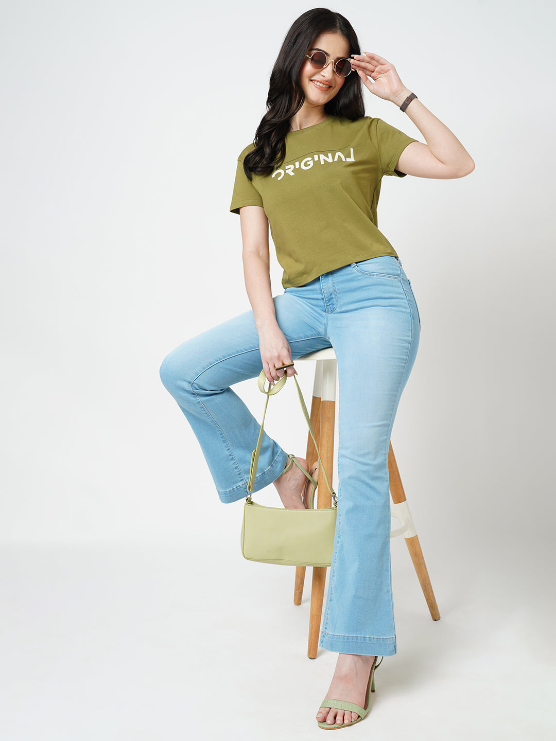 Women Light Blue High-Rise Mini Flare Jeans