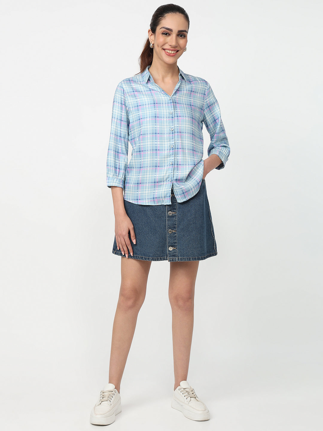 Women Powder Blue Checked Shirt