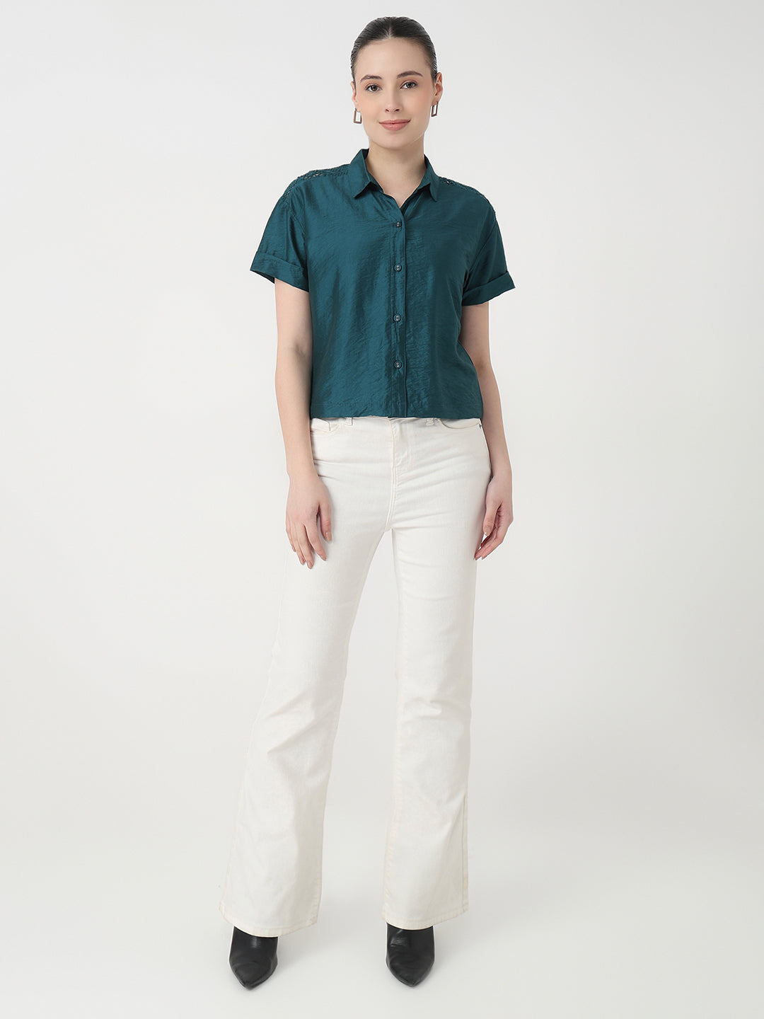 Women Deep Lake Slim Fit Crop Shirt