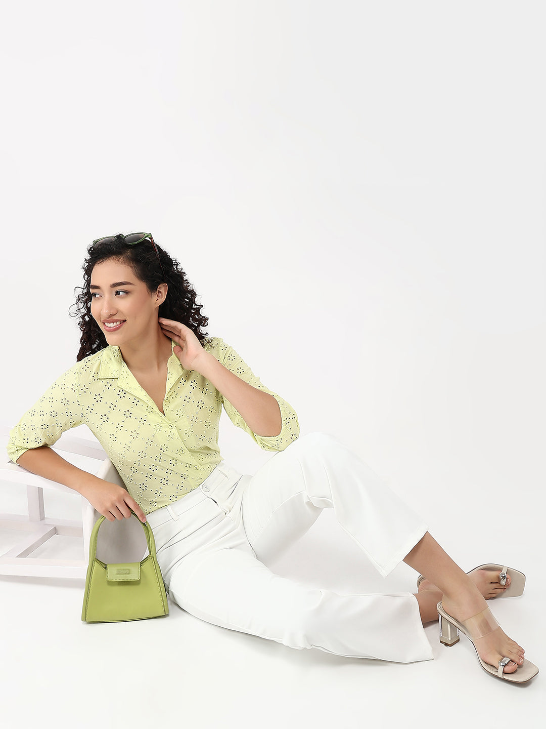 Women Lime Slim Fit Schiffli Shirt