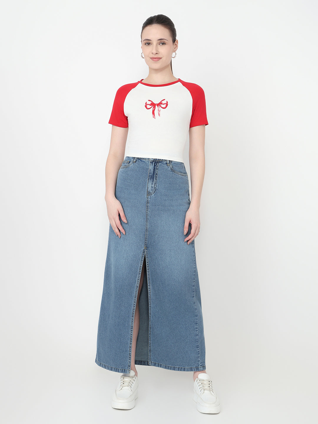 Women Off White/Red Slim Fit Genz T-Shirt