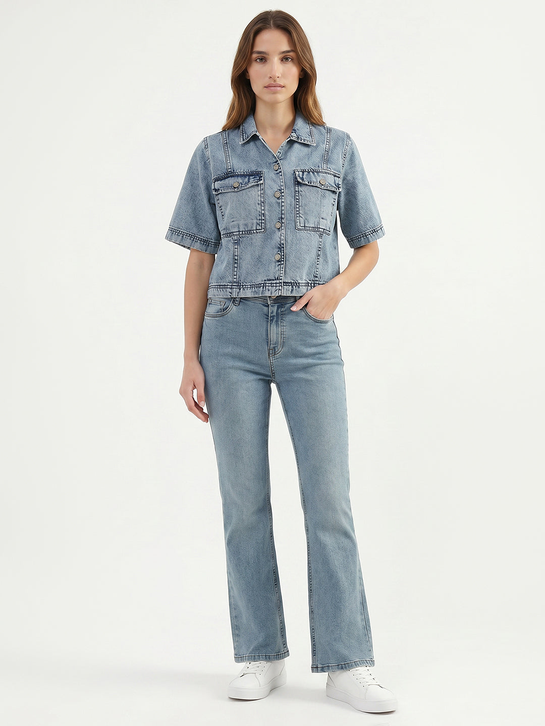 Women Blue Crop Shirt
