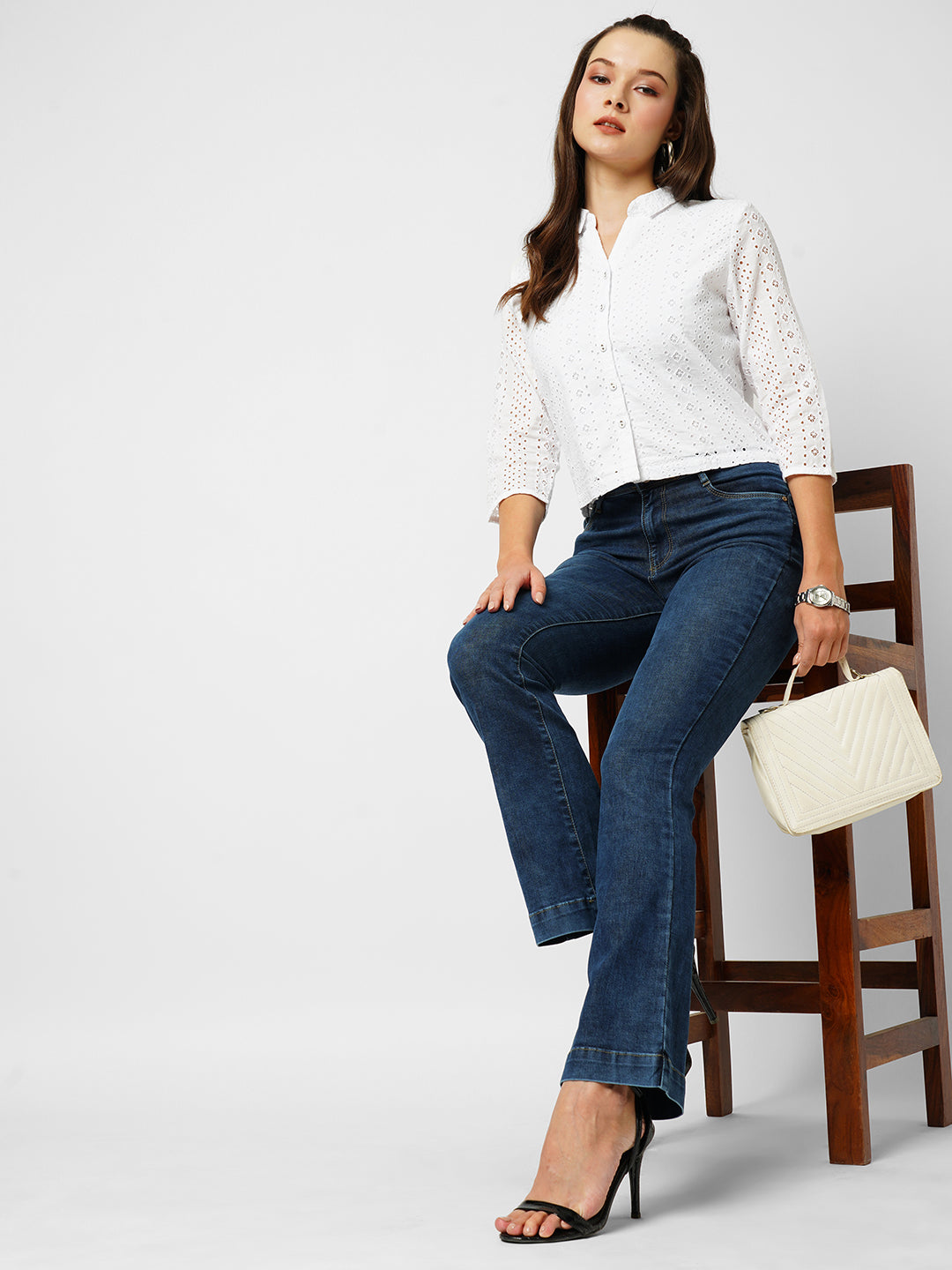 Women Dark Blue High-Rise Mini Flare Jeans
