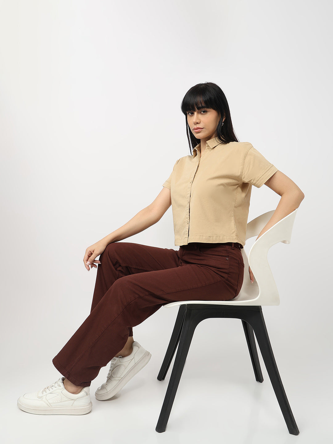 Women Camel Slim Fit Crop Shirt