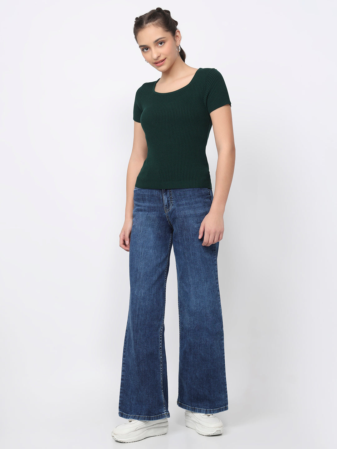 Women Bottle Green Flat Knit