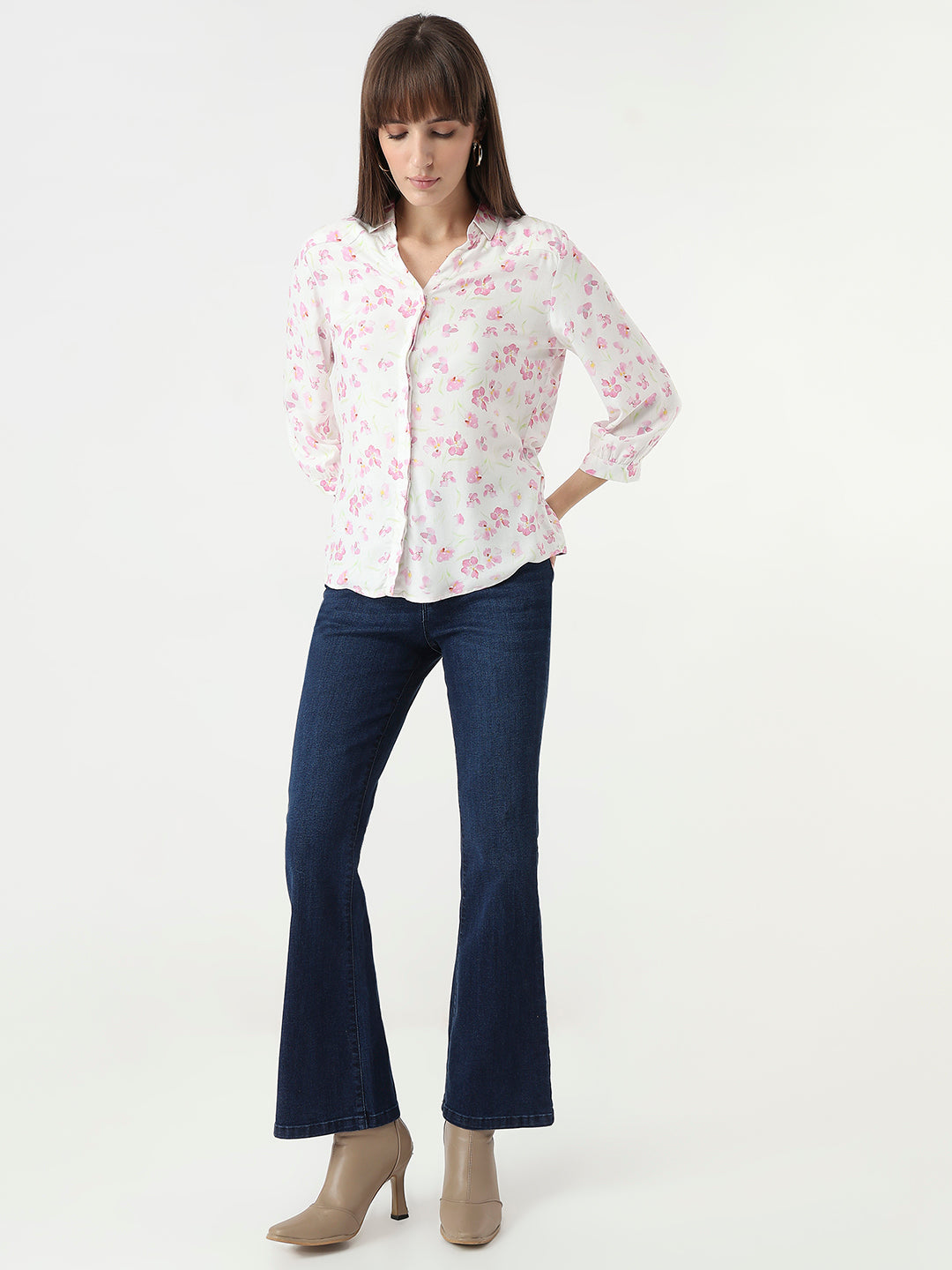 Women Pink Floral Slim Fit Shirt