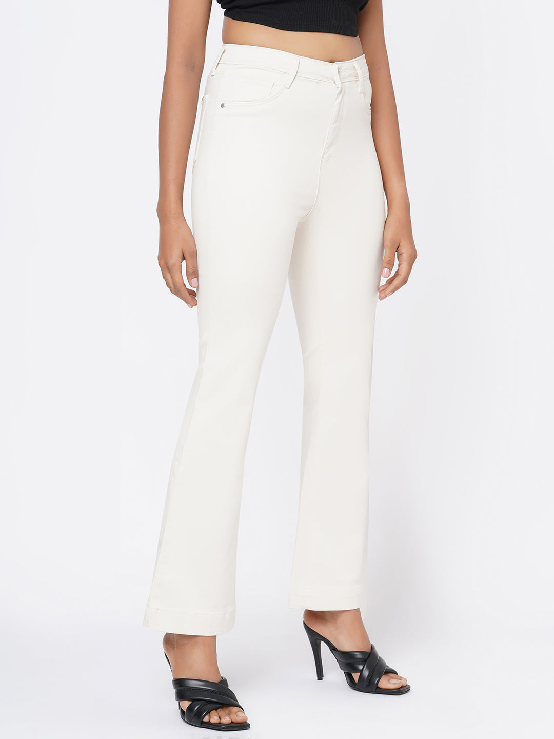 Women Ecru High-Rise Mini Flare Jeans