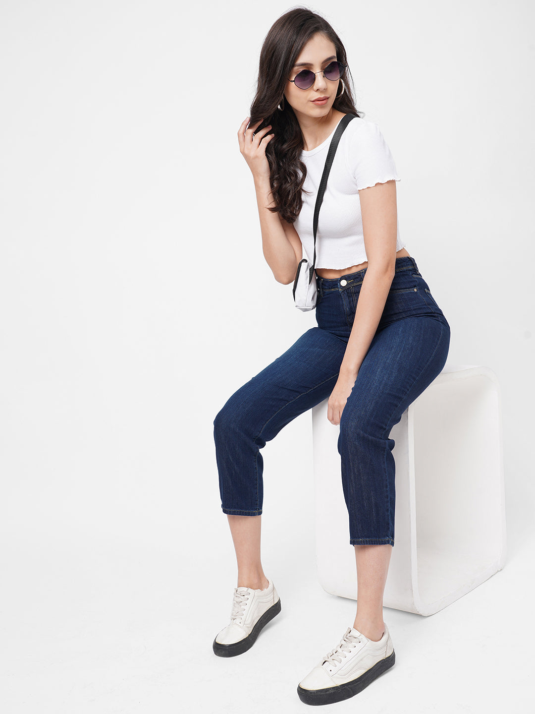 Women Dark Blue High-Rise Mom Fit Jeans