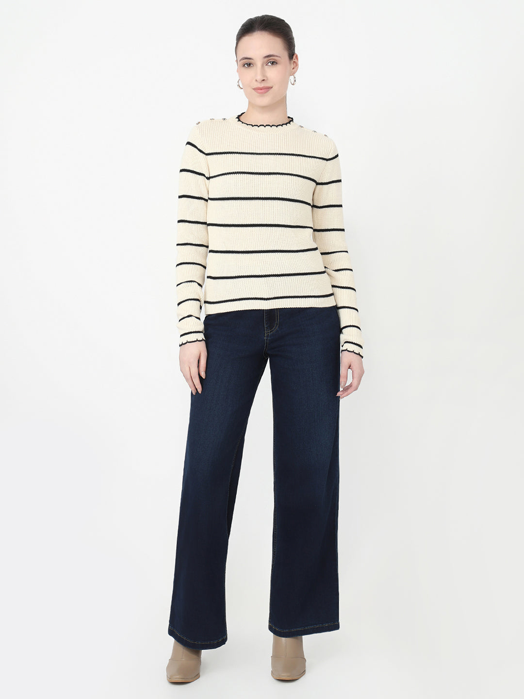 Women Ivory/Black Slim Fit Sweater