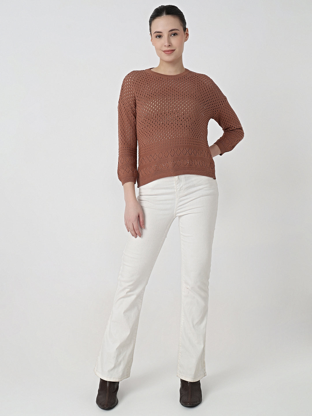 Women Mocha Mousse Slim Fit Flat Knit