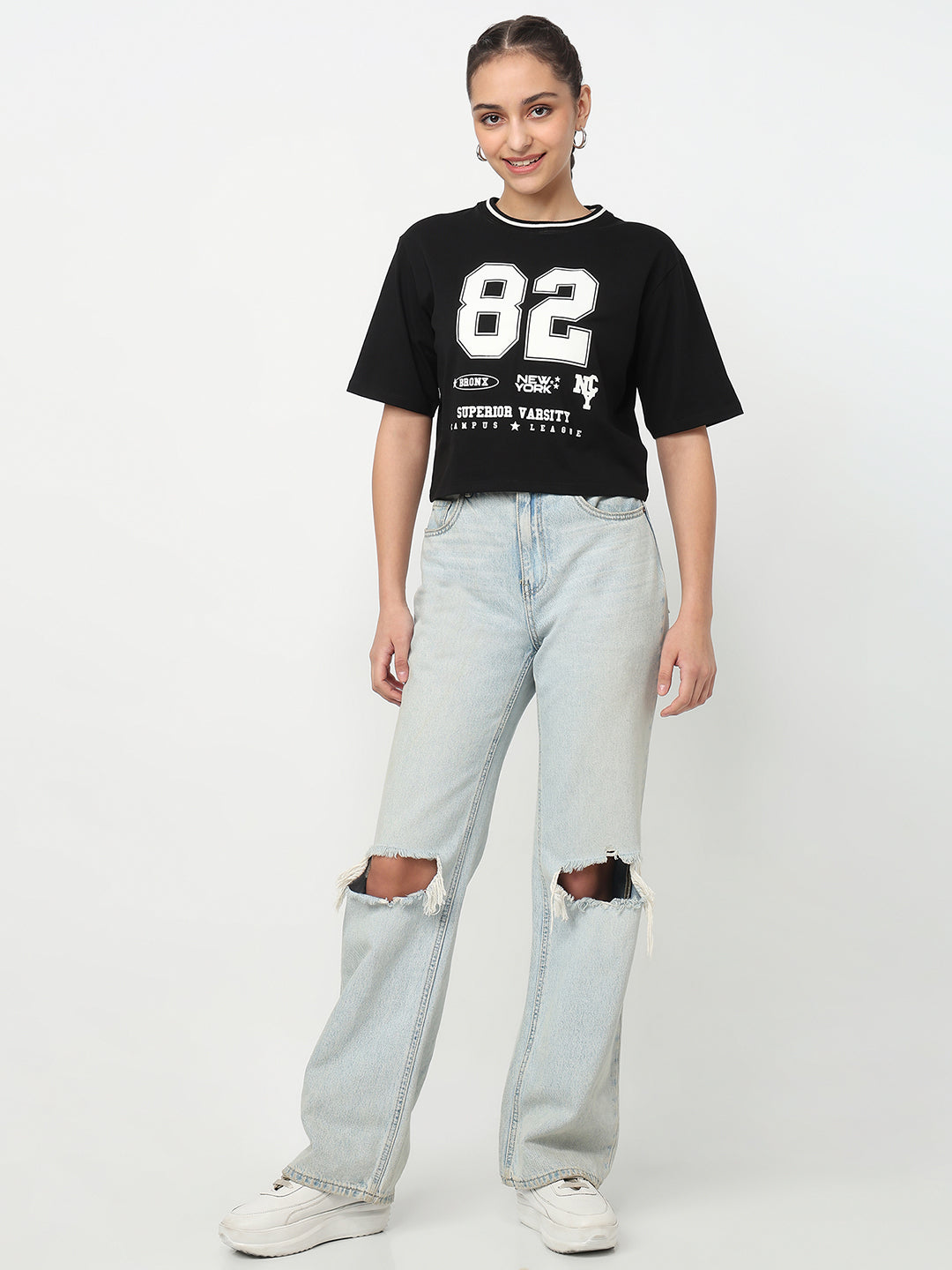 Women Black Crop Graphic Tees