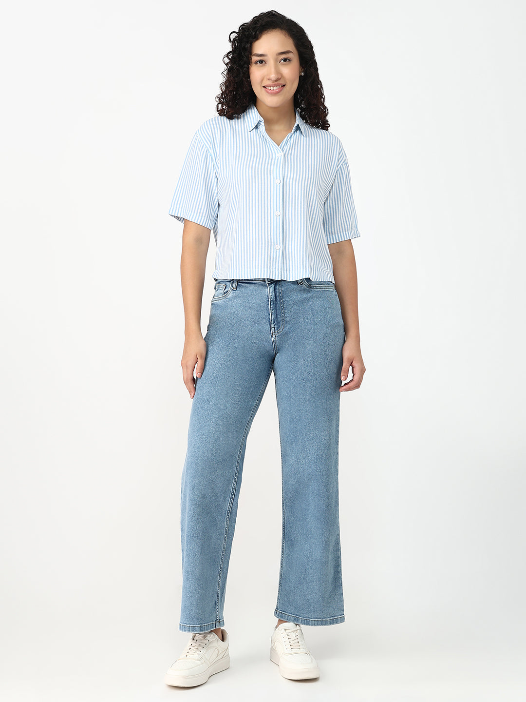 Women Sky/White Crop Slim Shirt