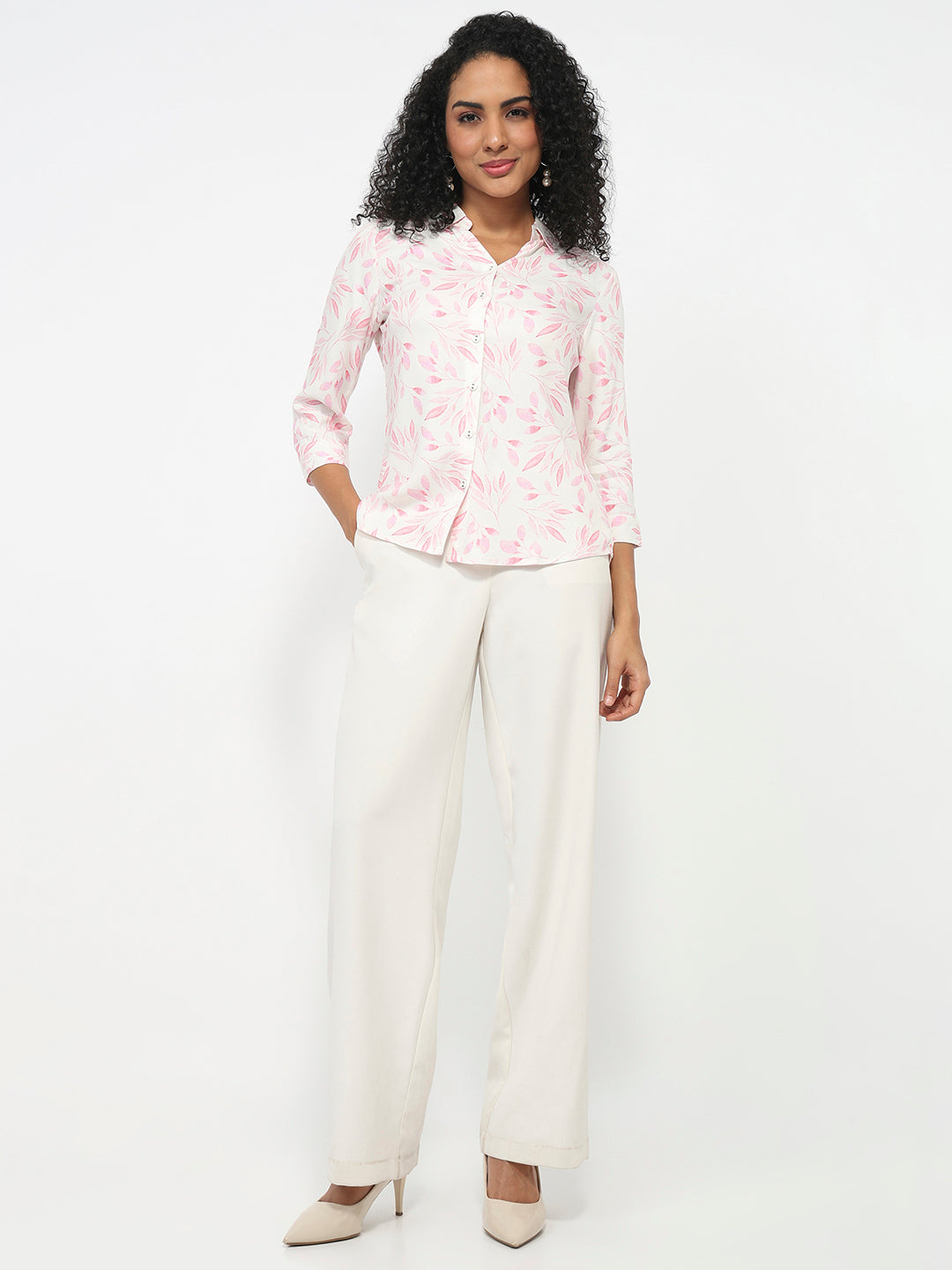 Women Pink Leaf Printed Shirt