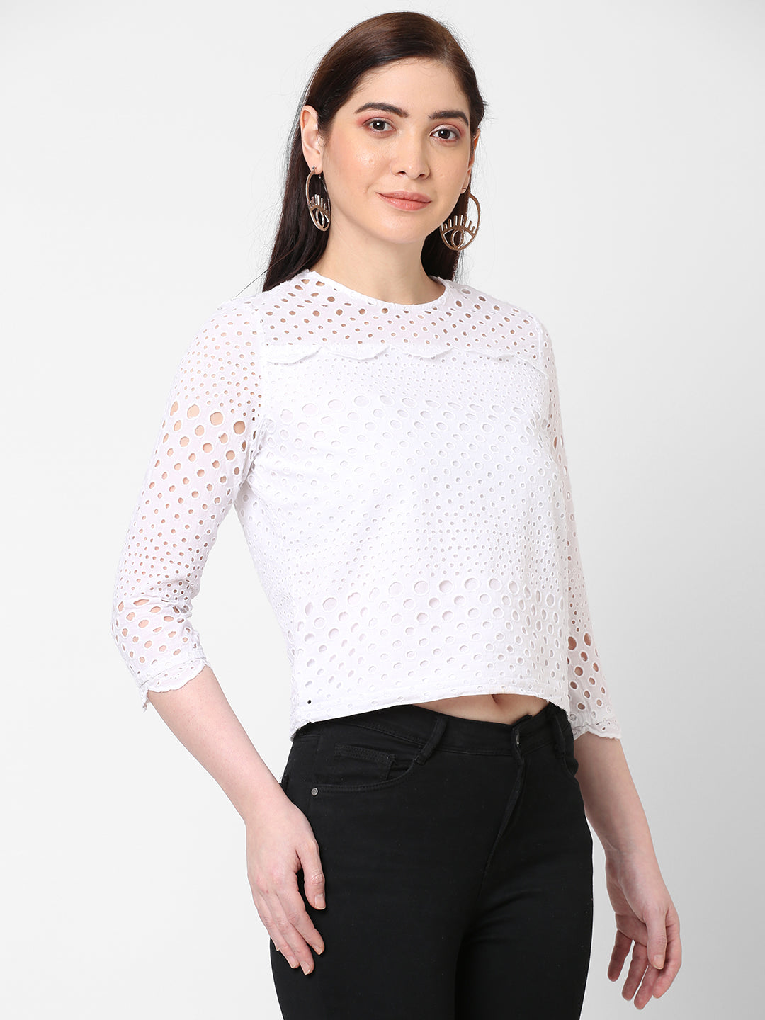 Women Schiffli Embroidered Slim Fit Crop Top