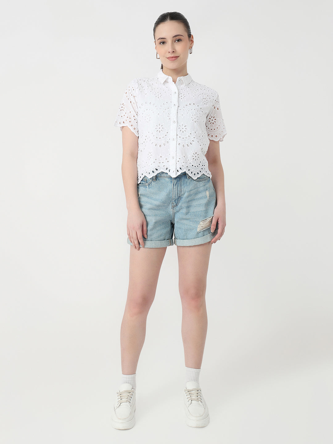 Women White Slim Fit Crop Shirt