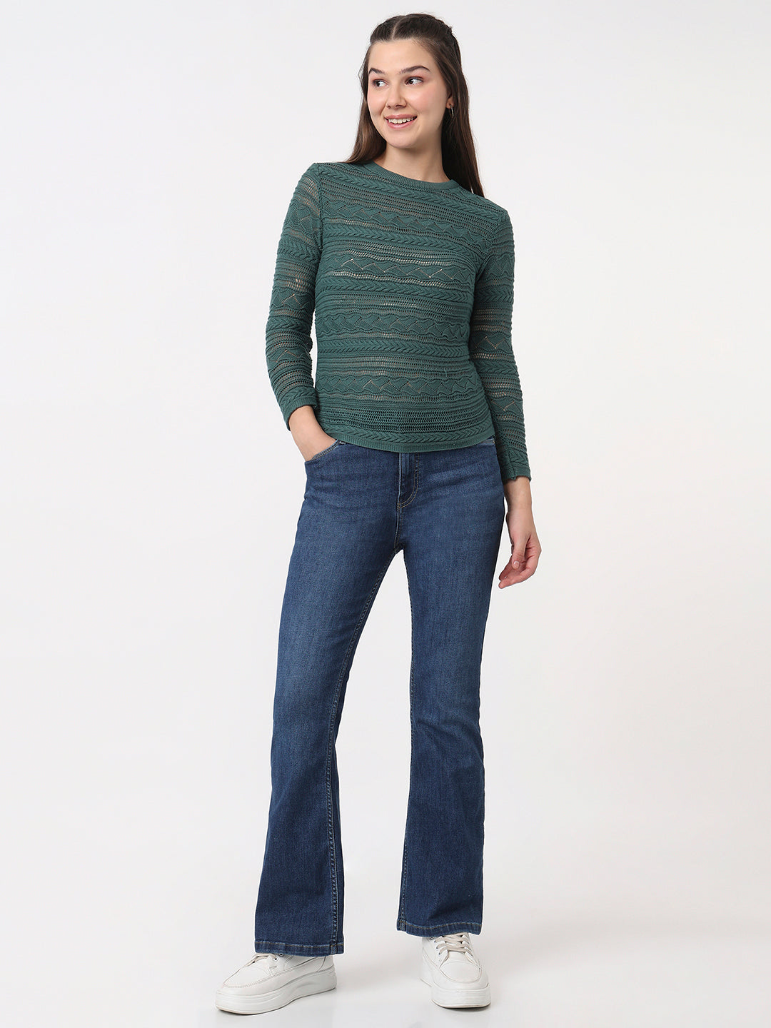 Women Green Moss Slim Fit Flat Knit