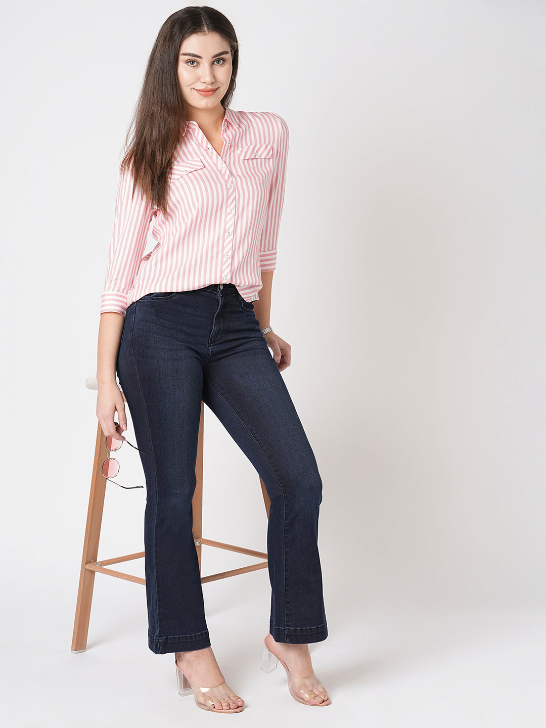 Women Blush Pink-White Slim Shirt
