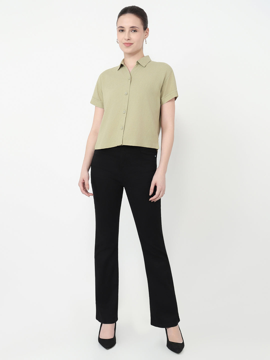 Women Light Olive Slim Fit Crop Shirt