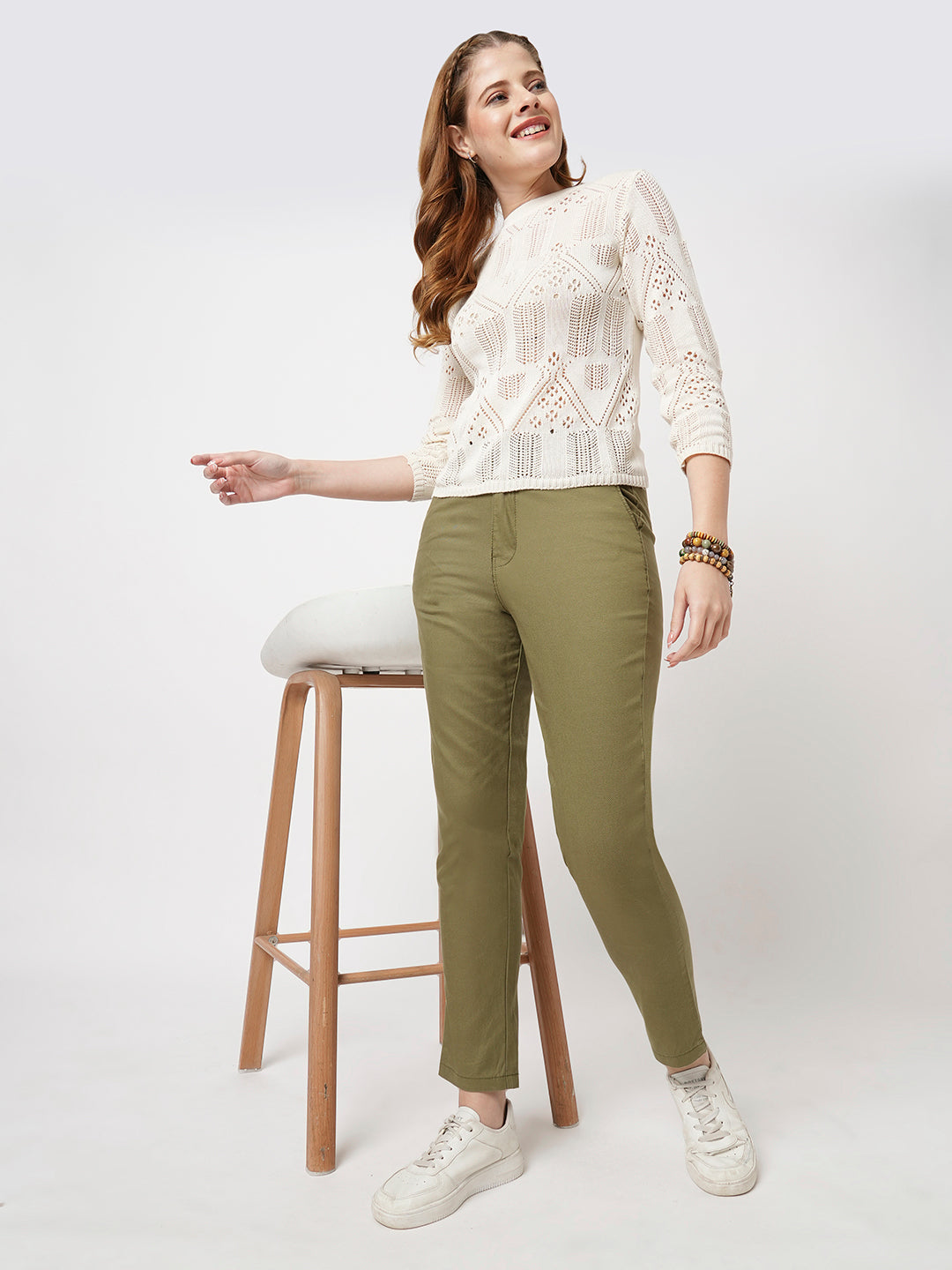Women Light Olive Mid-Rise Slim Fit Trousers