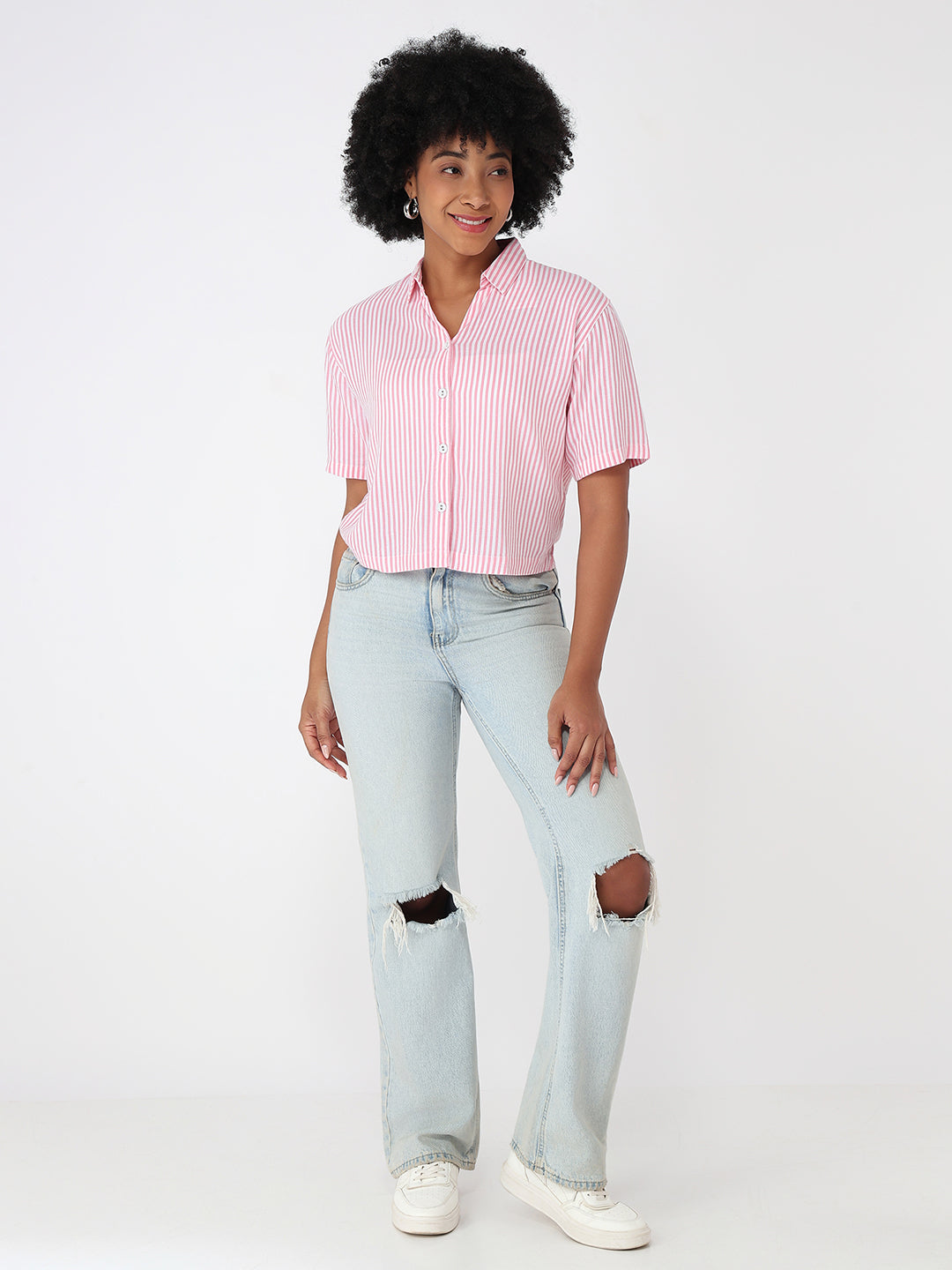 Women Pink/White Crop Slim Shirt