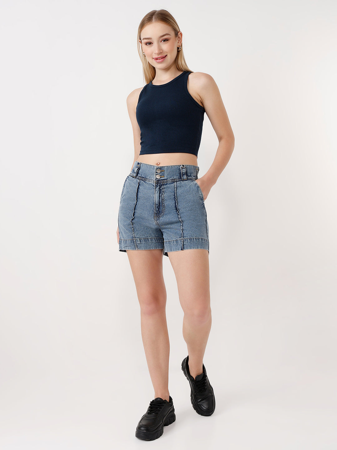 Women Light Blue High-Rise Slim Shorts
