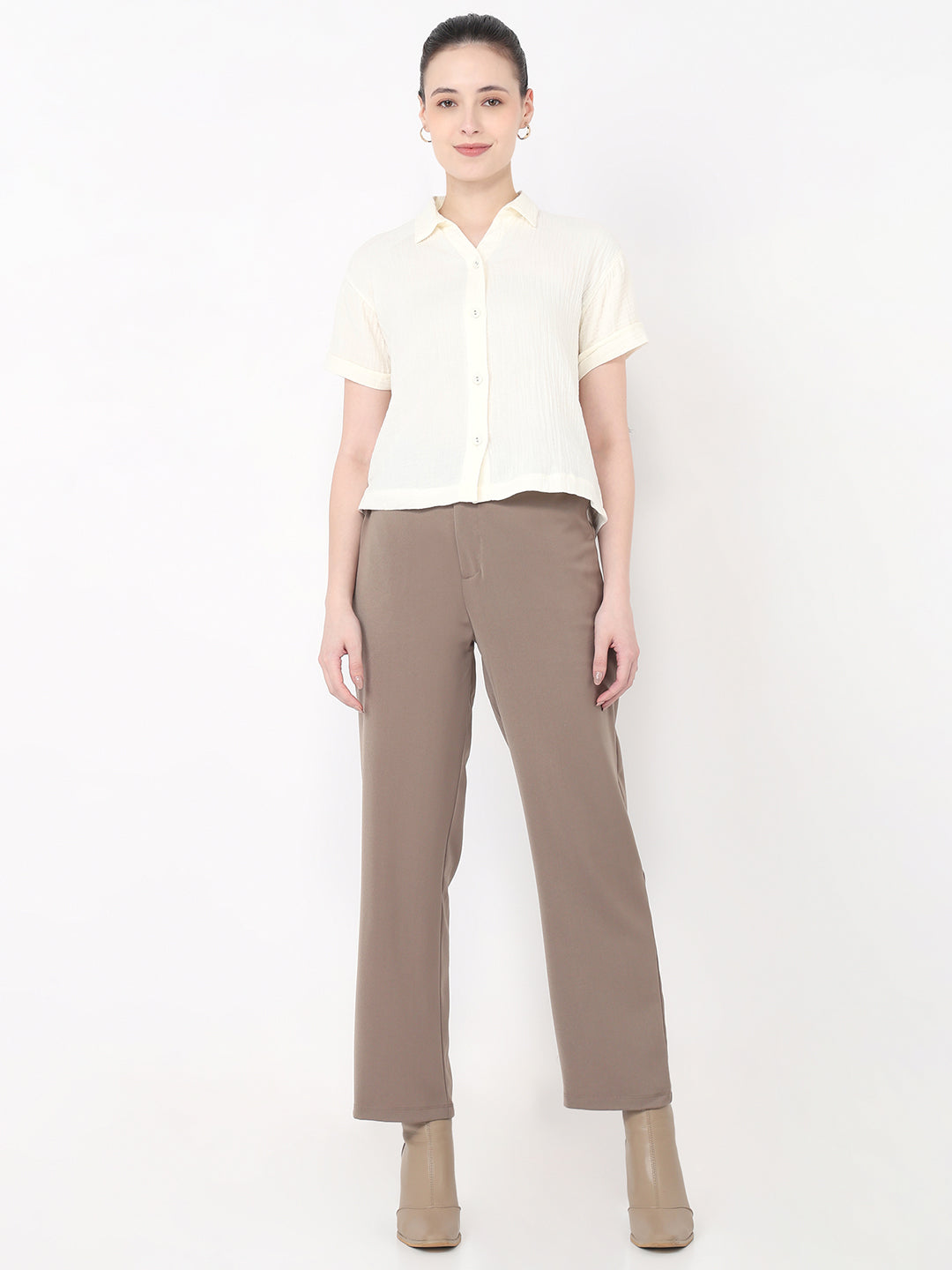 Women Ivory Slim Fit Crop Shirt