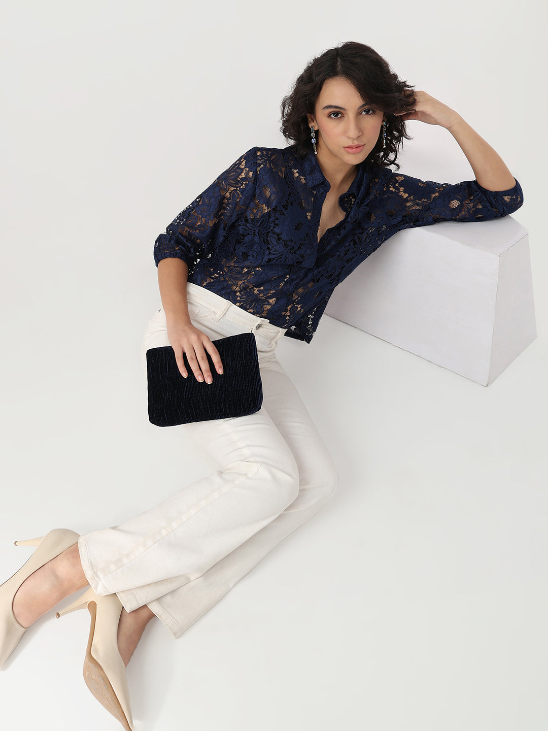 Women Navy Slim Lace Shirt