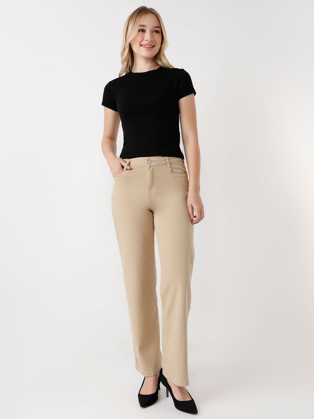 Women Slim Fit Crop T-Shirt Rib