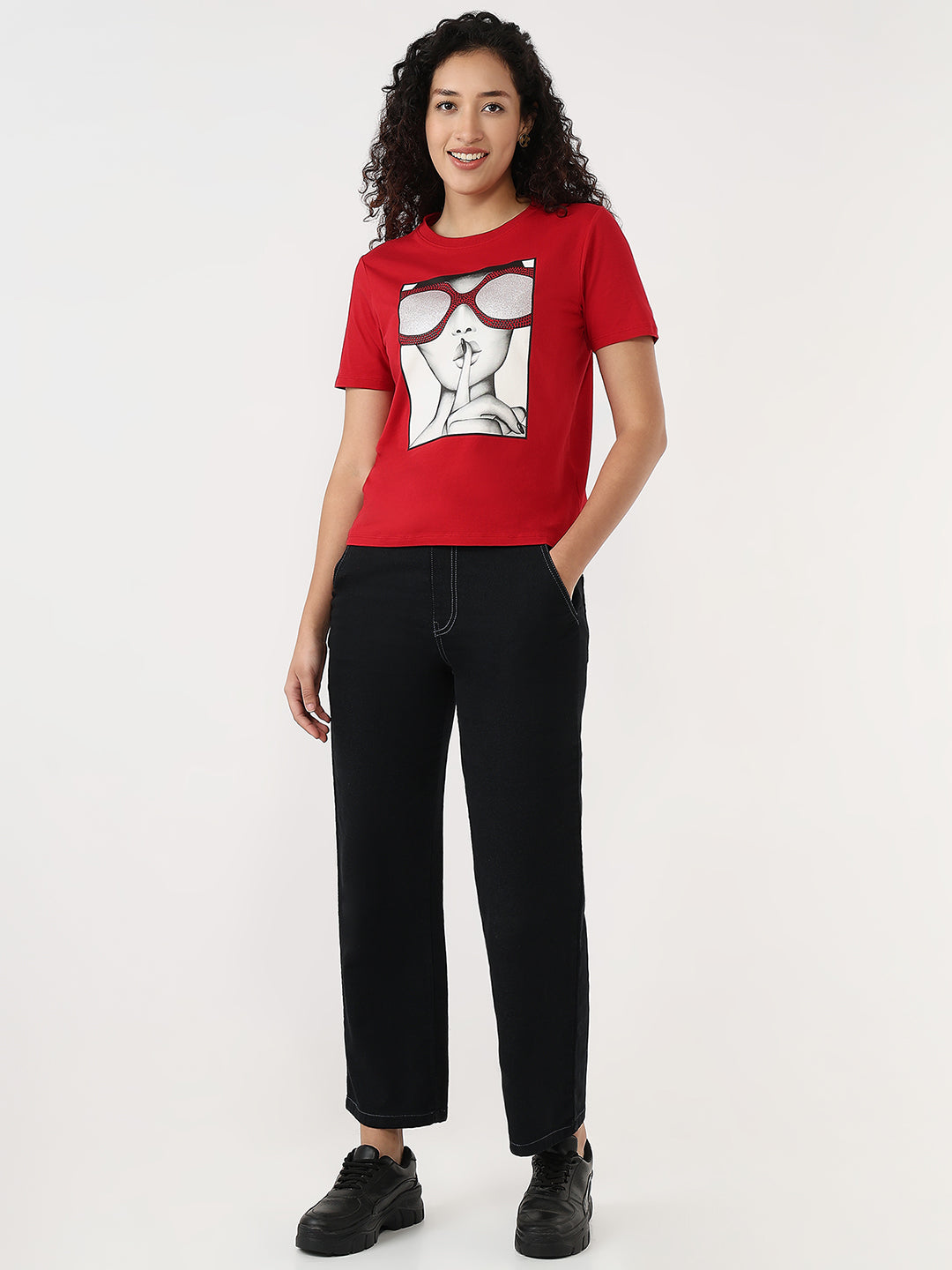 Women Red Slim Graphic T-Shirt
