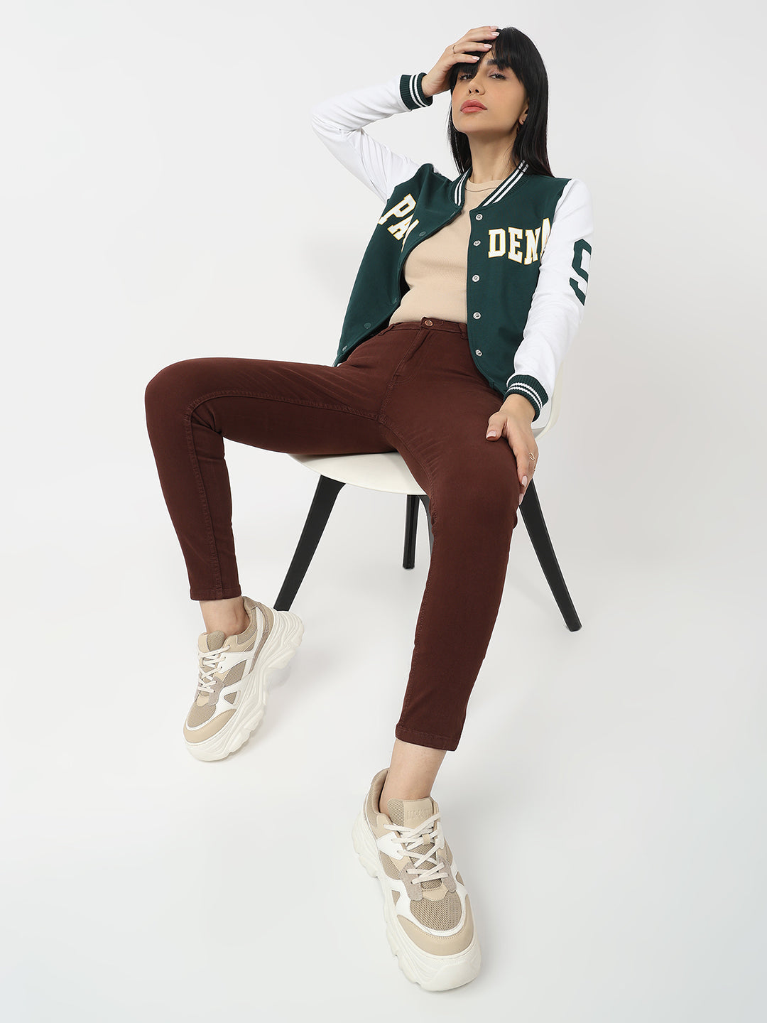 Women Bottle Green/White Varsity Jacket