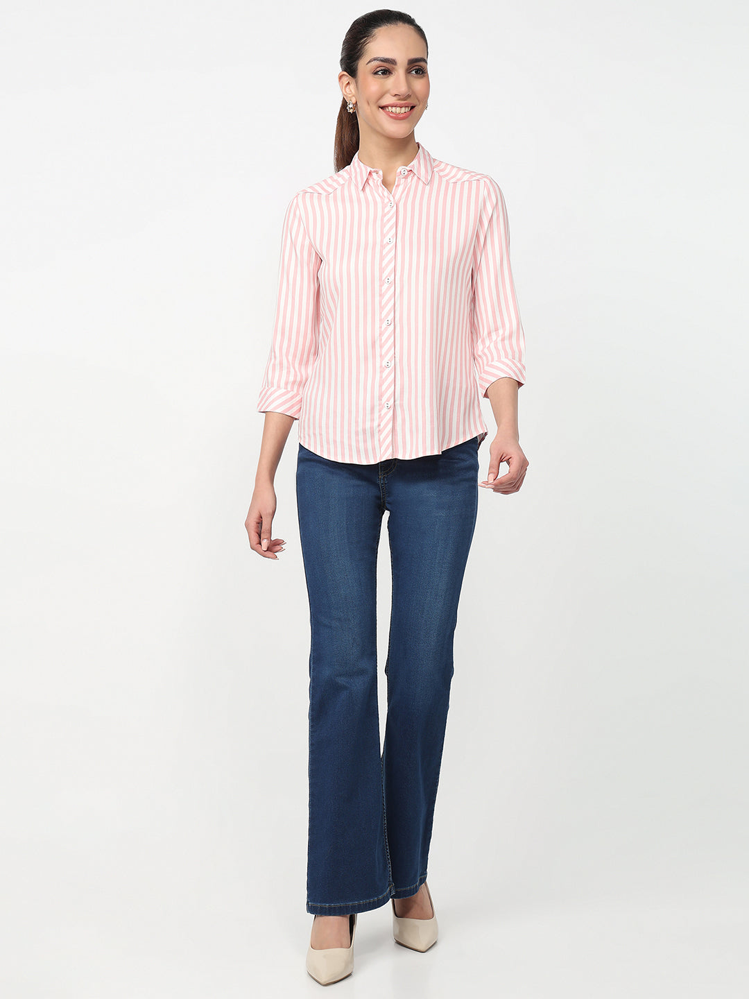 Women Peach Pink/White Striped Shirt