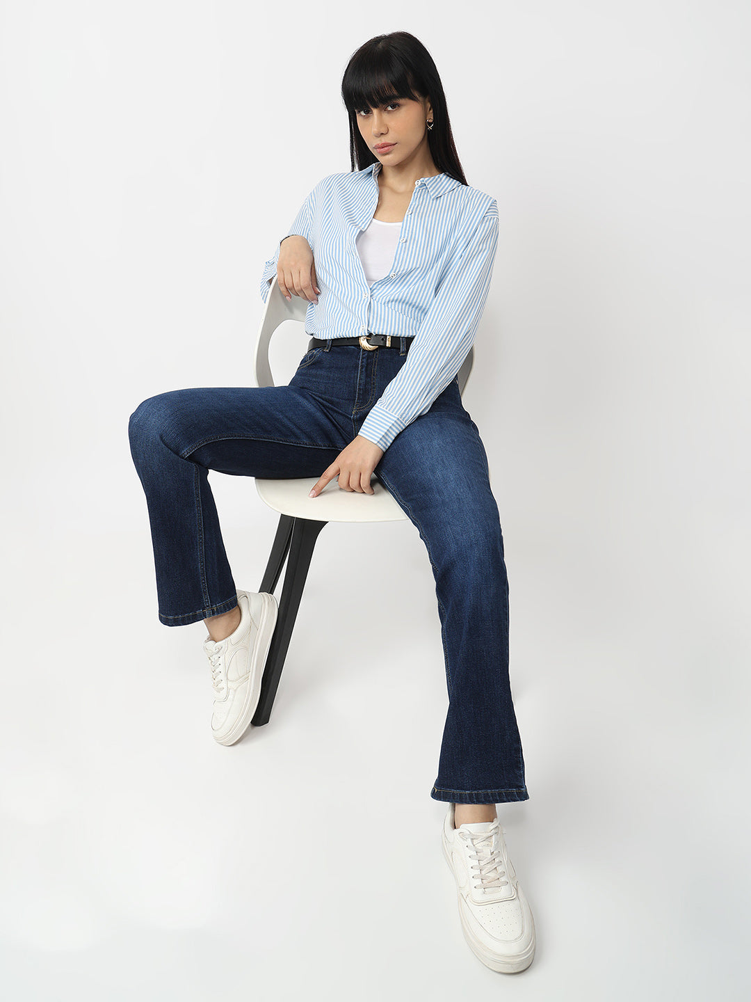 Women Sky/White Slim Fit Oversized Shirt