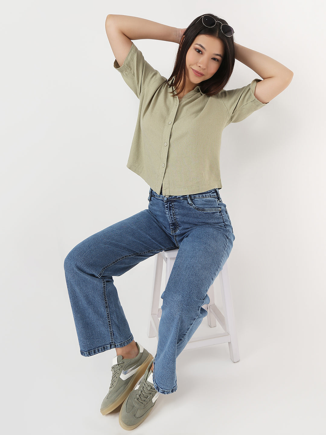 Women Light Olive Slim Crop Shirt