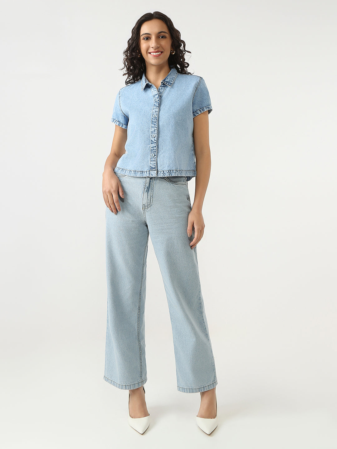 Women Light Blue Crop Denim Shirt