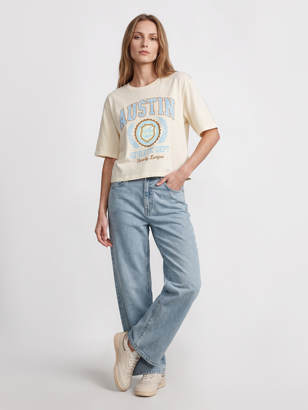 Women Ivory Graphic Crop Tees