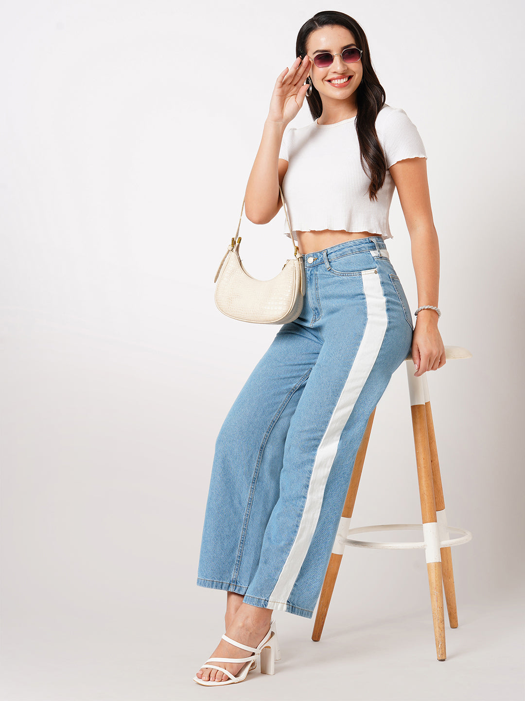 Women Light Blue Wide Leg Jeans