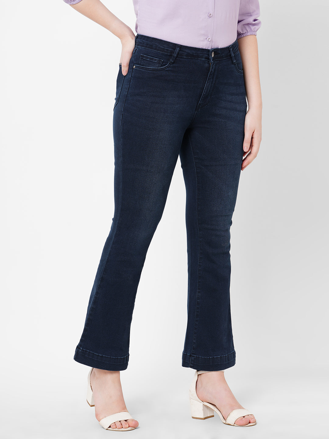 Women Navy High-Rise Mini Flare Jeans