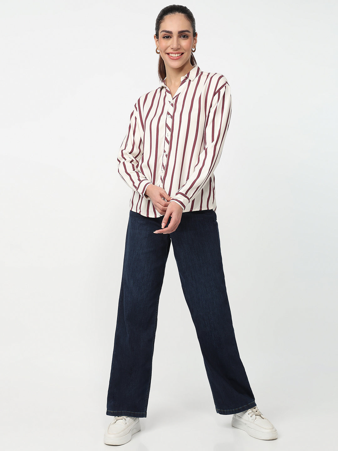 Women White/Mauve Striped Shirt