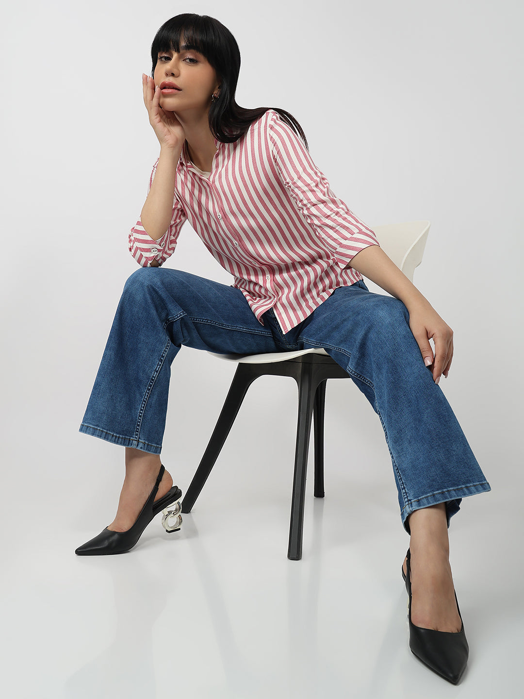 Women Dusty Pink/White Slim Fit Shirt