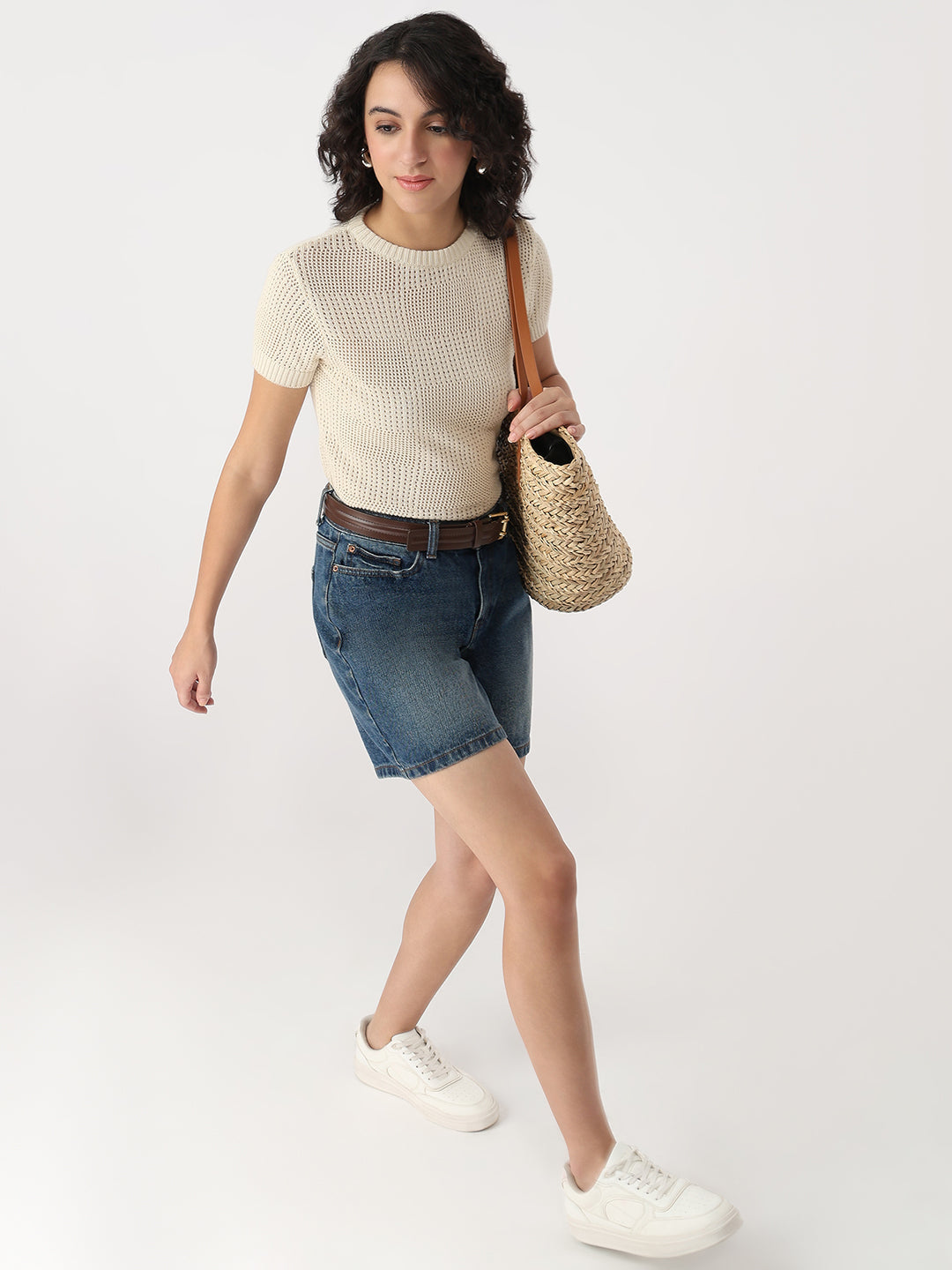 Women Ivory Slim Flat Knit Top