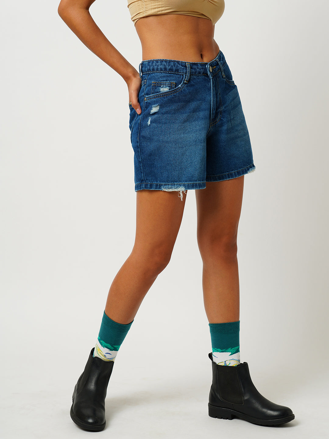 Women Dark Blue High-Rise Slim Shorts