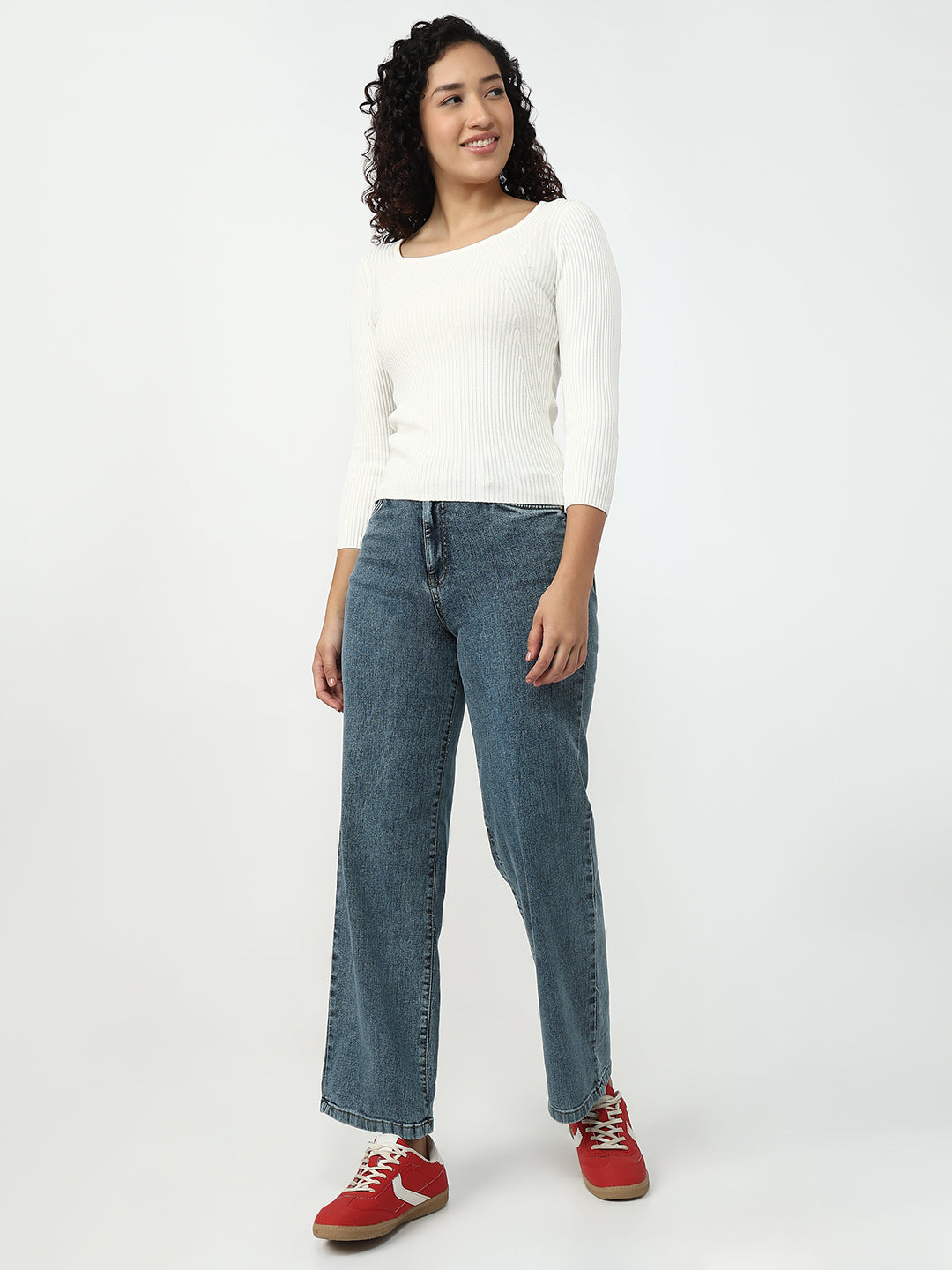 Women Off White Slim Fit Flat Knit