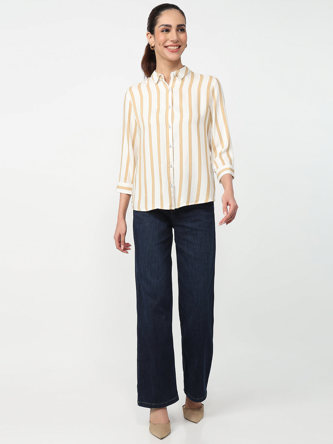 Women Beige/White Striped Shirt