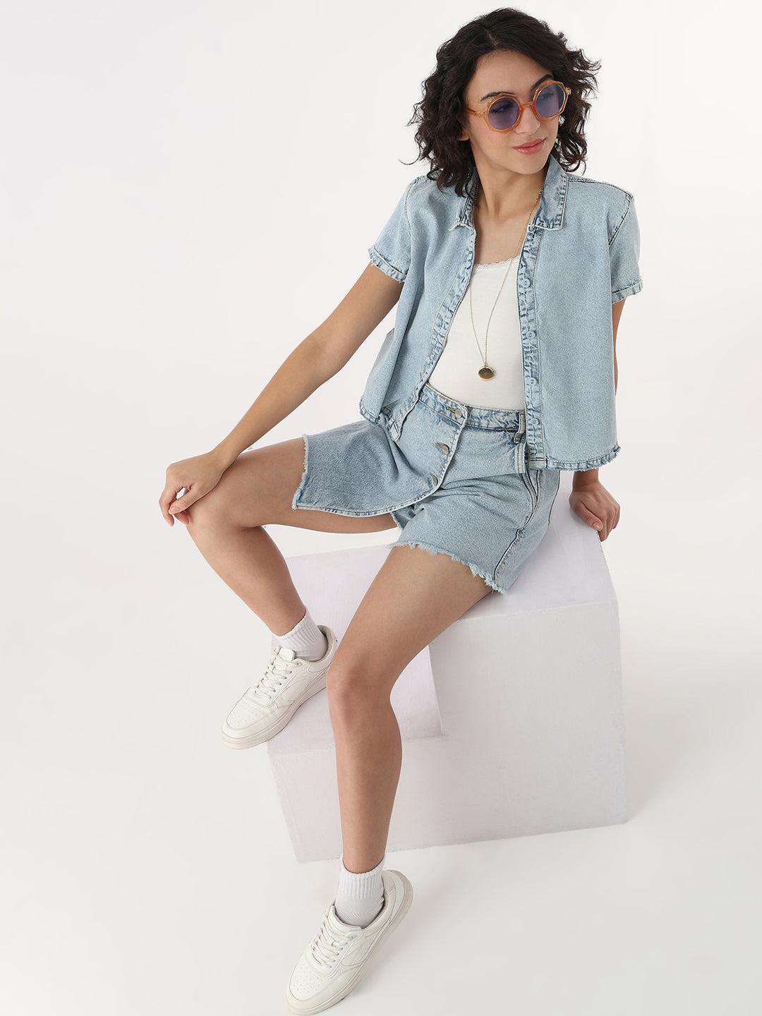 Women Light Blue Slim Crop Denim Shirt