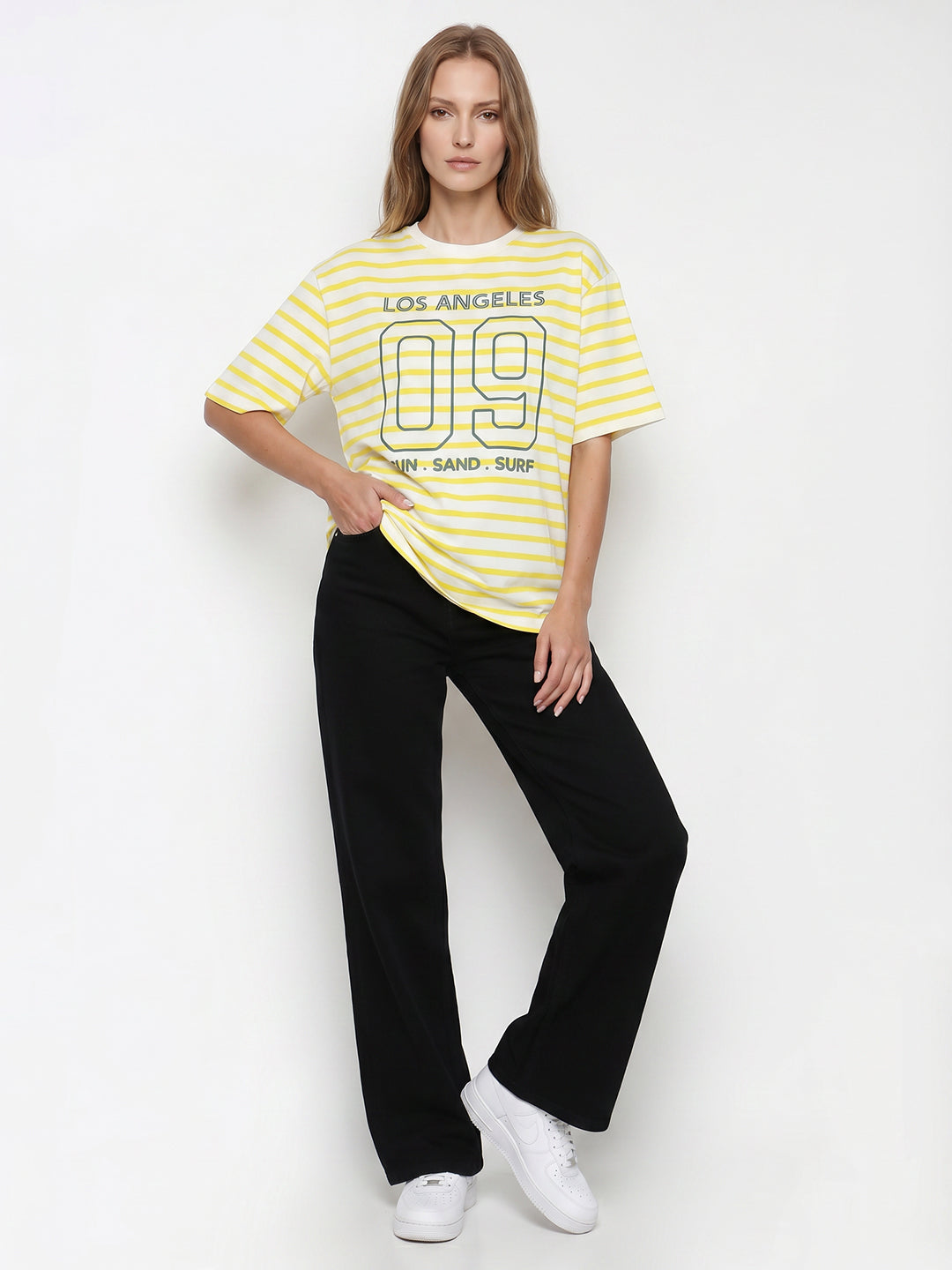 Women Yellow/White Oversized T-Shirt