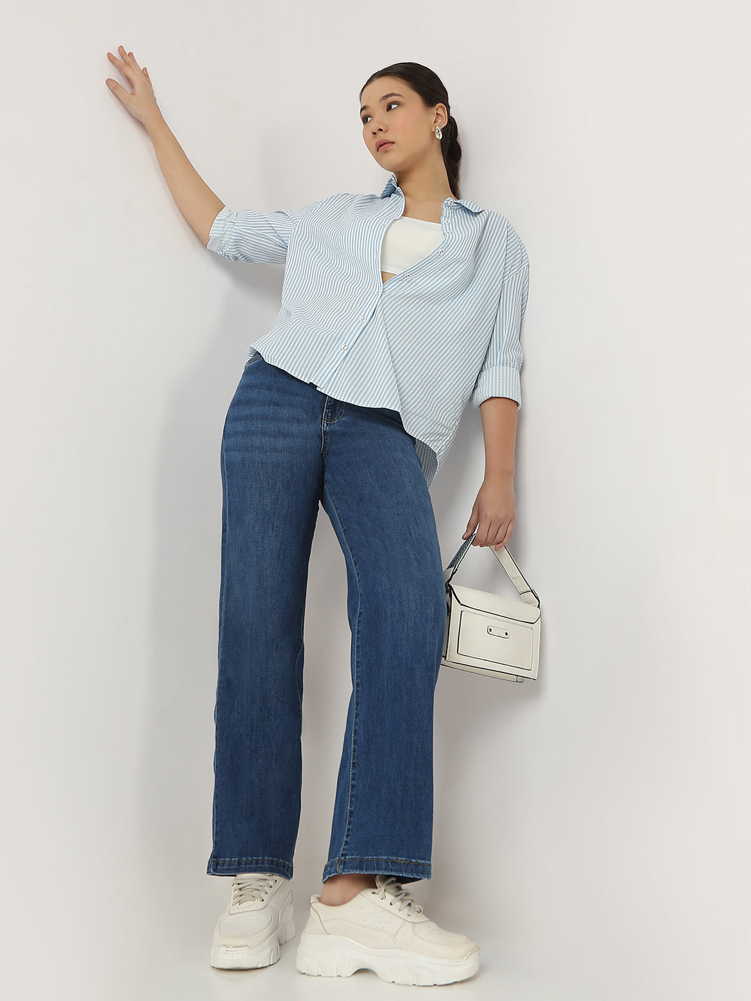 Women Sky/White Oversize Stripe Shirt