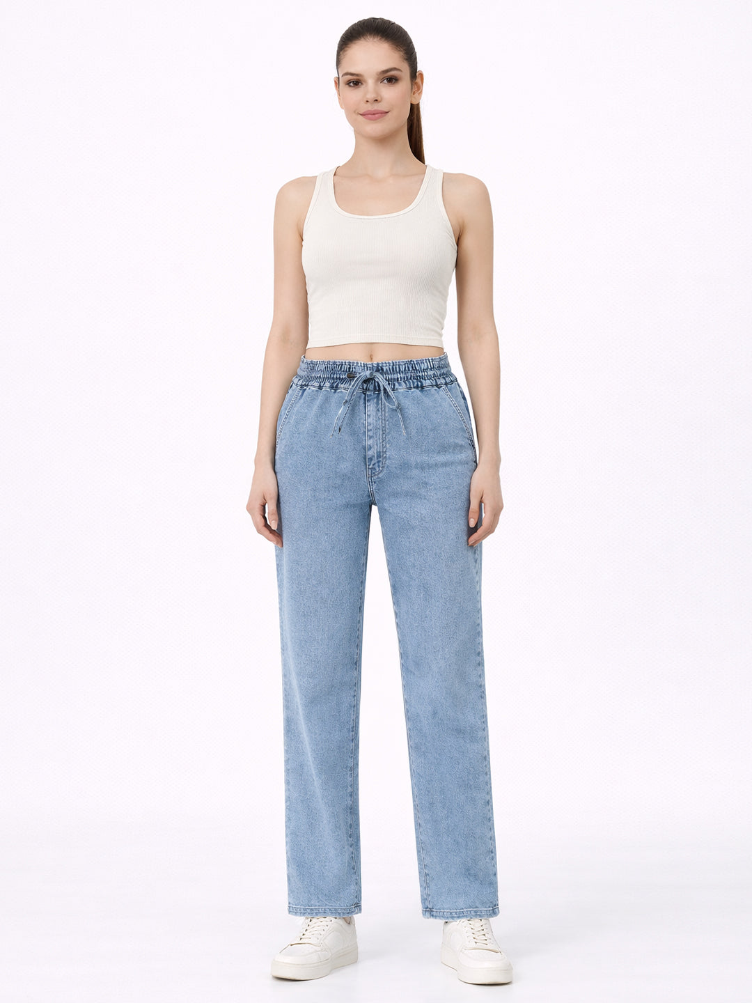 Women Blue Mid-Rise Denim Joggers