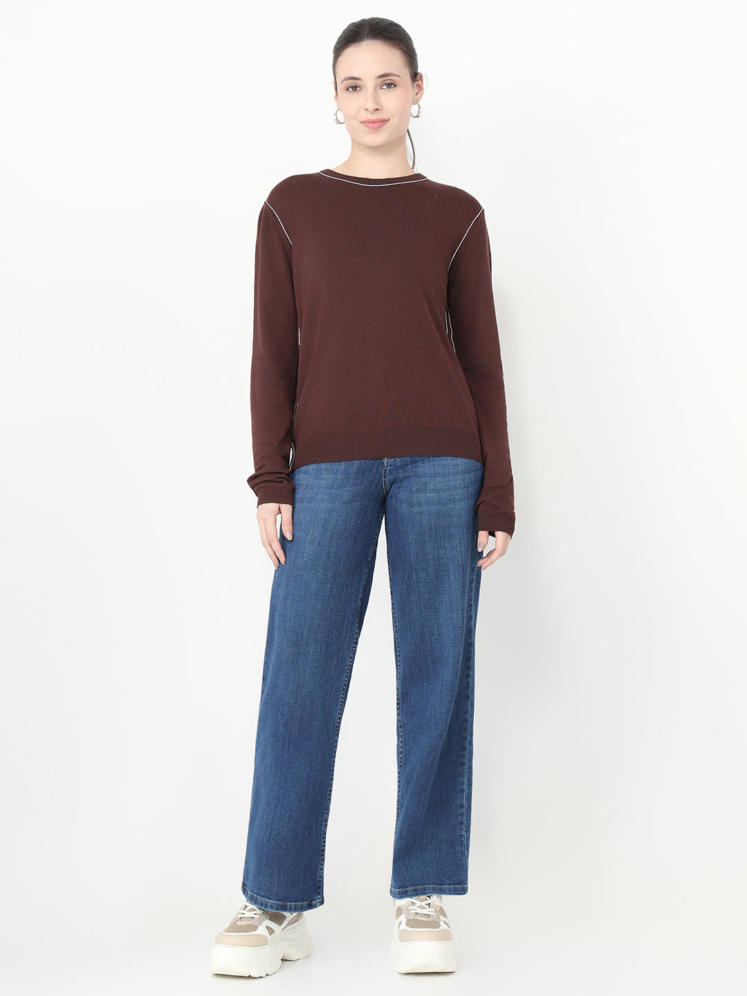 Women Coffee Bean Slim Fit Flat Knit