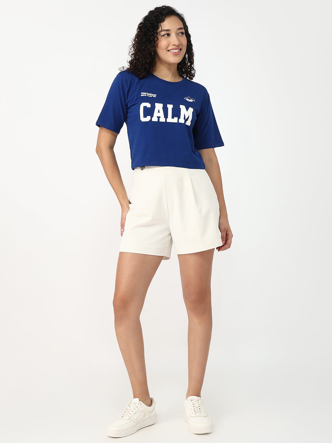 Women Indigo Slim Fit Graphic Crop T-Shirt